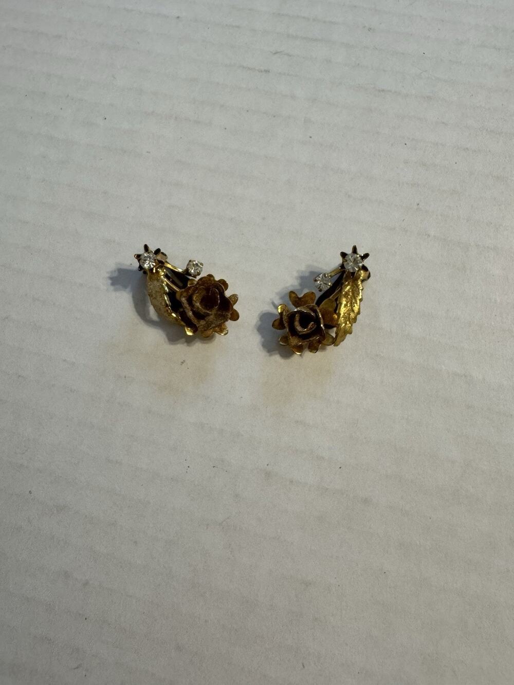 Vintage Rhinestone Hand Painted Rose Flowers Gold Tone Austria Clip On Earrings